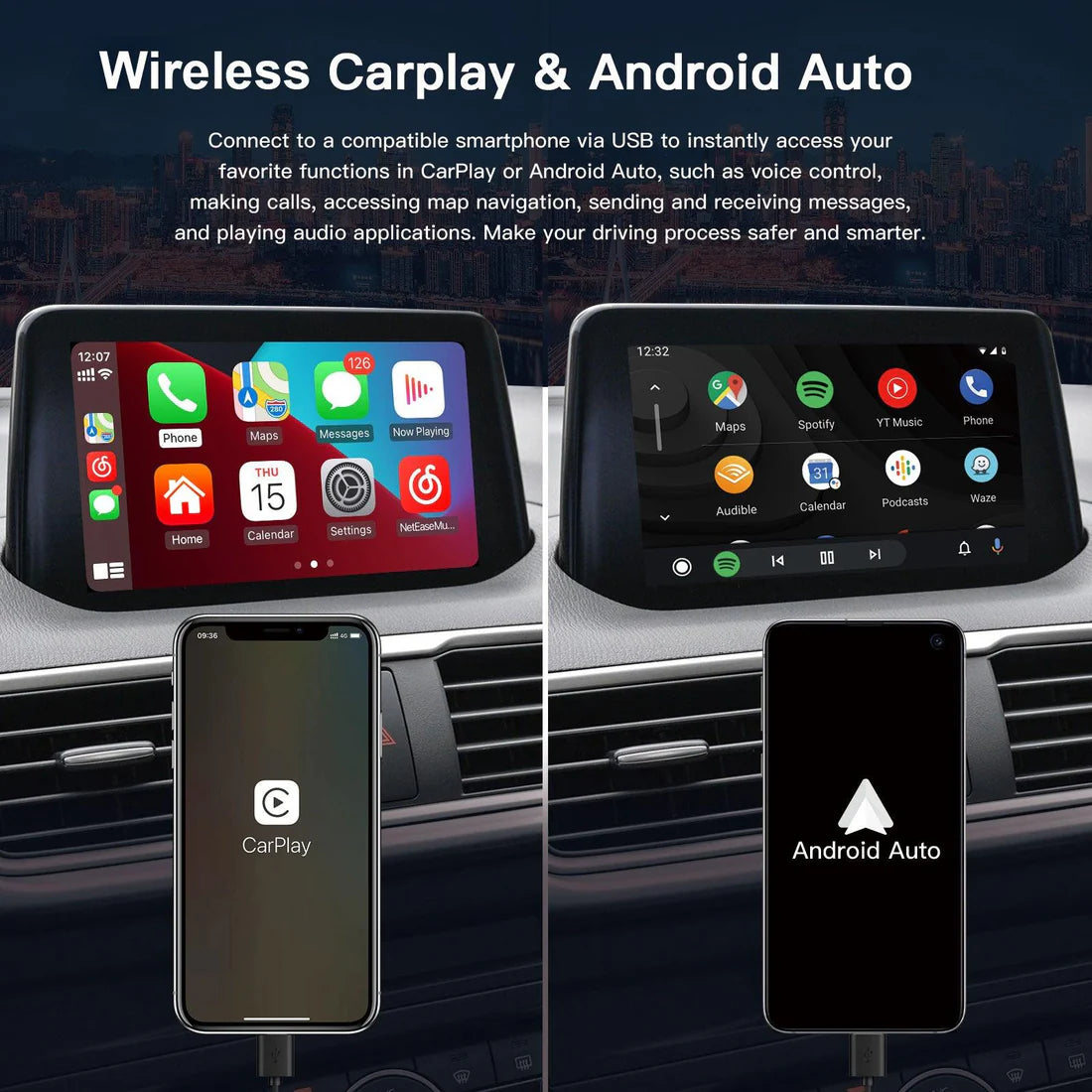 Wired/Wireless Carplay Android Auto Adapter USB HUB pentru Mazda
